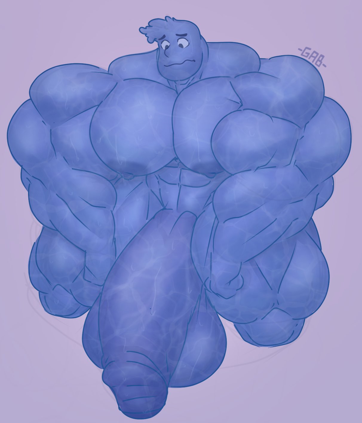 balls biceps big_penis disney elemental_(pixar) elemental_creature elemental_humanoid gabgbb genitals hi_res huge_penis humanoid male muscular muscular_male nipples not_furry nude penis pseudo_hair simple_background solo text thick_thighs wade_ripple water