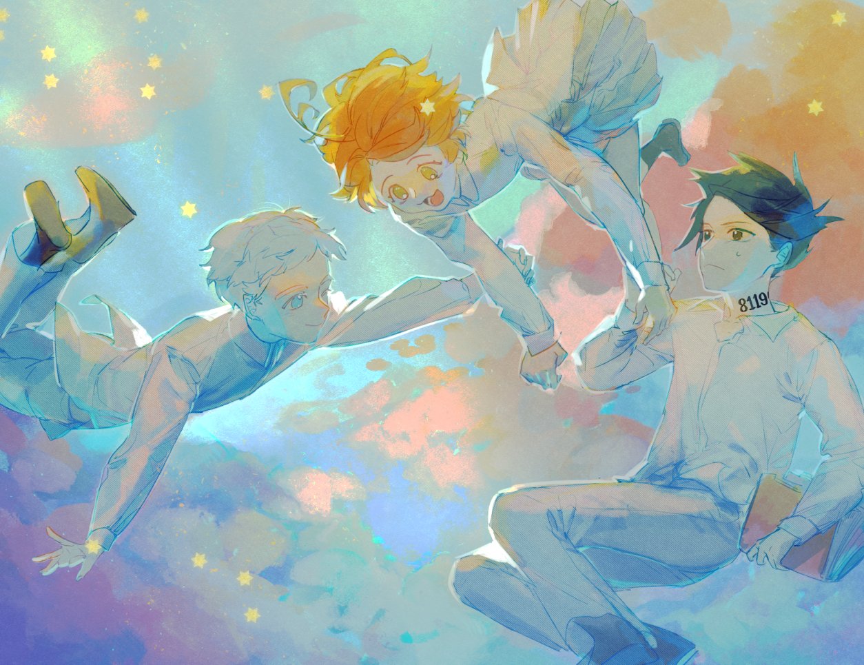 1girl 2boys antenna_hair black_footwear black_hair blue_eyes blue_sky book boots chinese_commentary closed_mouth cloud collared_shirt colored_eyelashes commentary_request emma_(yakusoku_no_neverland) falling frown full_body green_eyes hinnoe0727 holding holding_book holding_hands legs_up long_sleeves looking_at_another lower_teeth_only midriff_peek miniskirt multiple_boys neck_tattoo norman_(yakusoku_no_neverland) number_tattoo open_mouth orange_hair outstretched_arm pants pleated_skirt ray_(yakusoku_no_neverland) shirt short_hair skirt sky smile spiked_hair star_(symbol) sweatdrop tattoo teeth thighhighs very_short_hair white_hair white_pants white_shirt white_skirt white_sleeves white_thighhighs yakusoku_no_neverland