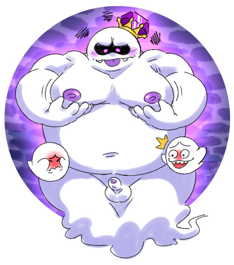 ambiguous_gender anommyself balls belly blush boo_(mario) embarrassed genitals ghost group humanoid humanoid_genitalia humanoid_penis king_boo luigi's_mansion male mario_bros moobs nintendo nipples not_furry overweight overweight_humanoid overweight_male penis purple_nipples purple_tongue spirit teeth tongue trio white_balls white_belly white_body white_penis