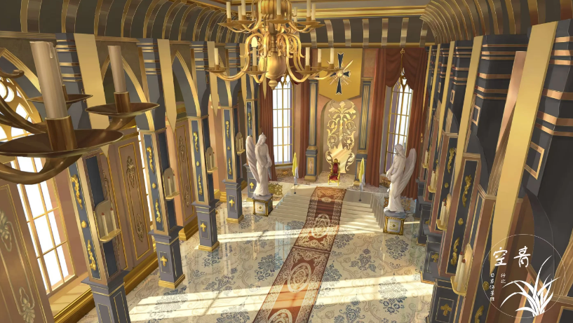 banner candle chair chandelier indoors no_humans original scenery statue throne throne_room window xingzhi_lv