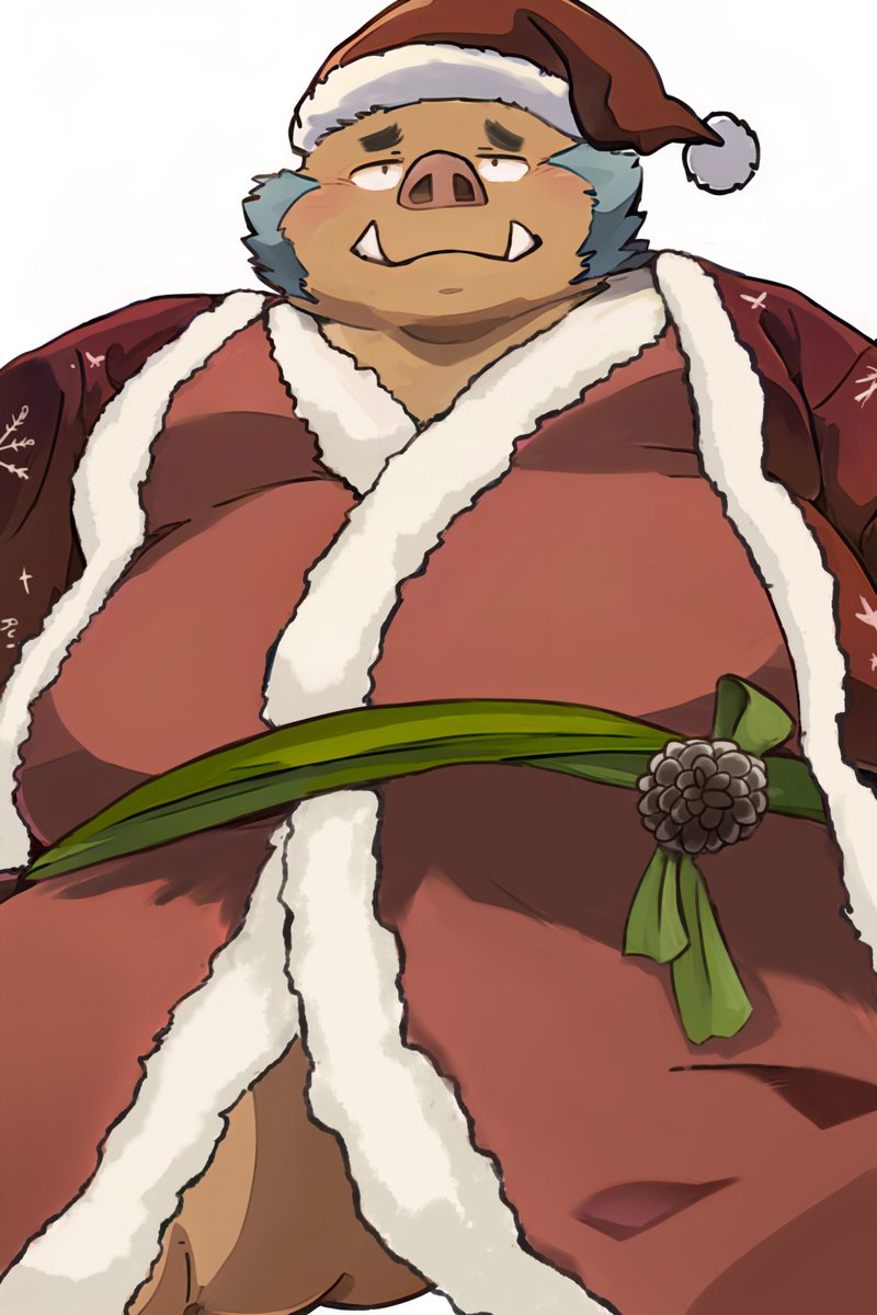 anthro blue_hair blush bottomless brown_body brown_fur butt christmas christmas_clothing clothed clothing convenient_censorship facial_hair fur gouryou hair hi_res holidays lifewonders male mammal overweight rui_owo solo suid suina sus_(pig) tokyo_afterschool_summoners tusks wild_boar