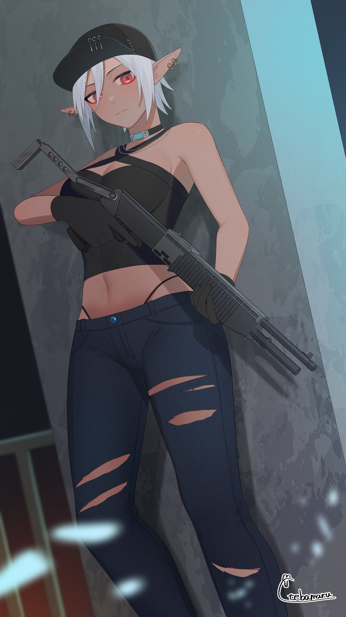 1girl artist_name bare_shoulders baseball_cap black_choker black_gloves black_headwear blue_pants breasts choker cleavage closed_mouth commentary_request commission crop_top dark-skinned_female dark_skin denim earrings elf expressionless feet_out_of_frame gloves gun hair_between_eyes halterneck hat highleg highres holding holding_gun holding_weapon jeans jewelry medium_breasts midriff navel necklace original pants phantasy_star phantasy_star_online_2 phantasy_star_online_2_new_genesis pointy_ears red_eyes short_hair shotgun signature skeb_commission solo standing tebamaru torn_clothes torn_jeans torn_pants weapon white_hair