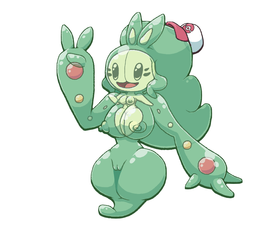 2023 3_fingers alpha_channel alternate_species anthro areola biped breasts chabble clothing curvy_figure digital_media_(artwork) female fingers generation_5_pokemon gesture green_body hat headgear headwear hilda_(pokemon) legendary_pokemon nintendo nipples open_mouth open_smile plant pokemon pokemon_(species) pokemorph reshiram simple_background smile solo transparent_background v_sign wide_hips