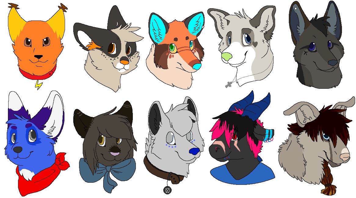 2014 aliasing ambiguous_form ambiguous_gender bangs black_hair black_nose blue_body blue_bow blue_clothing blue_eyes blue_fur blue_horn blue_inner_ear blue_markings blue_nose blue_shirt blue_topwear bluekyokitty braided_hair brown_body brown_collar brown_eyes brown_fur brown_hair brown_markings button_ears canid canine canis clothed clothing collar collar_tag cross cross_necklace digital_drawing_(artwork) digital_media_(artwork) domestic_cat dragon ear_piercing ear_ring ear_tuft eye_scar eyebrows facial_scar felid feline felis female_(lore) flat_colors floppy_ears fox freckles fur green_eyes green_nose grey_body grey_eyes grey_fur grey_inner_ear grey_inner_ear_fluff grey_nose group hair head_tuft headshot_portrait heart_(marking) heterochromia highlights_(coloring) horn hybrid inner_ear_fluff jewelry kerchief looking_at_viewer mammal markings neck_bow neckerchief necklace orange_body orange_eyes orange_fur orange_inner_ear_fluff orange_nose piercing pink_highlights pink_nose pink_scar portrait pupils purple_eyes red_collar red_eyes red_kerchief red_neckerchief ring_piercing scar sebdoggo shirt simple_background slit_pupils smile snout snout_scar tailskemon tan_body tan_fur topwear tuft white_background white_body white_fur white_inner_ear white_markings wolf yellow_body yellow_ears yellow_fur yellow_sclera