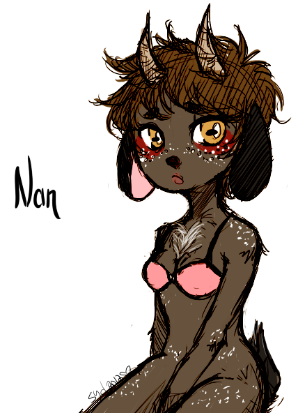 &lt;3 2_horns anthro artist_name black_nose blush bottomless bovid bra bra_only breasts brown_body brown_fur brown_hair caprine character_name chest_tuft cleavage clothed clothing eyebrow_through_hair eyebrows female fur goat hair horn lips mammal medium_breasts nan_(nq) nan_quest pink_bra pink_clothing pink_underwear scut_tail short_tail simple_background sitting solo spots sym69ls tail three-quarter_view translucent translucent_hair tuft underwear underwear_only white_background white_body white_fur white_spots yellow_eyes