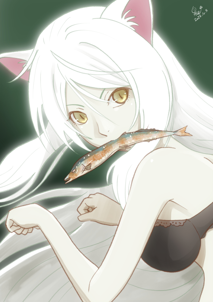 1girl animal_ears bakeneko black_bra black_hanekawa bra breasts cat_ears cat_girl commentary_request dated fish food_in_mouth hanekawa_tsubasa huumoon large_breasts lingerie long_hair looking_at_viewer monogatari_(series) nekomonogatari one-hour_drawing_challenge paw_pose saury slit_pupils solo underwear white_hair yellow_eyes