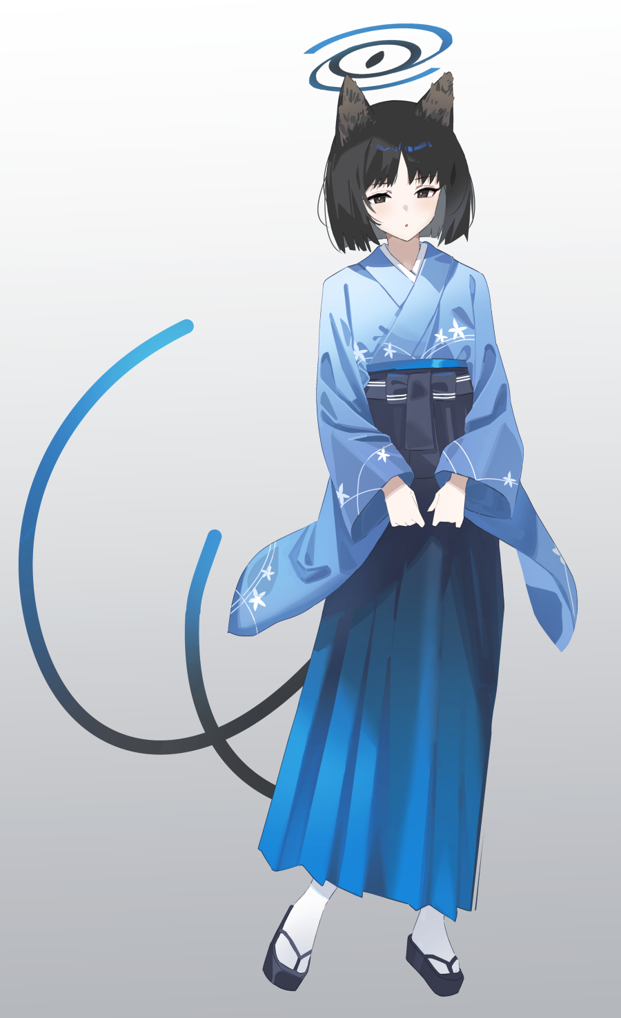 1girl agas_(vpwt7475) animal_ears black_eyes black_hair blue_archive blue_hakama blue_kimono blush cat_ears cat_tail hakama highres japanese_clothes kikyou_(blue_archive) kimono long_sleeves multiple_tails parted_lips short_hair socks solo tabi tail two_tails white_socks wide_sleeves zouri