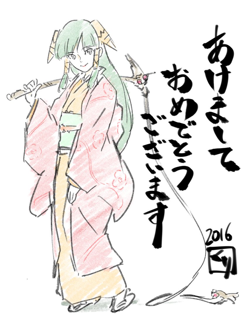 1girl 2016 closed_mouth feena_(grandia) full_body grandia grandia_i green_eyes green_hair hair_ornament hair_tubes happy_new_year holding holding_weapon holding_whip japanese_clothes kimono kurita_shin'ichi long_hair looking_at_viewer new_year simple_background smile solo weapon white_background wide_sleeves