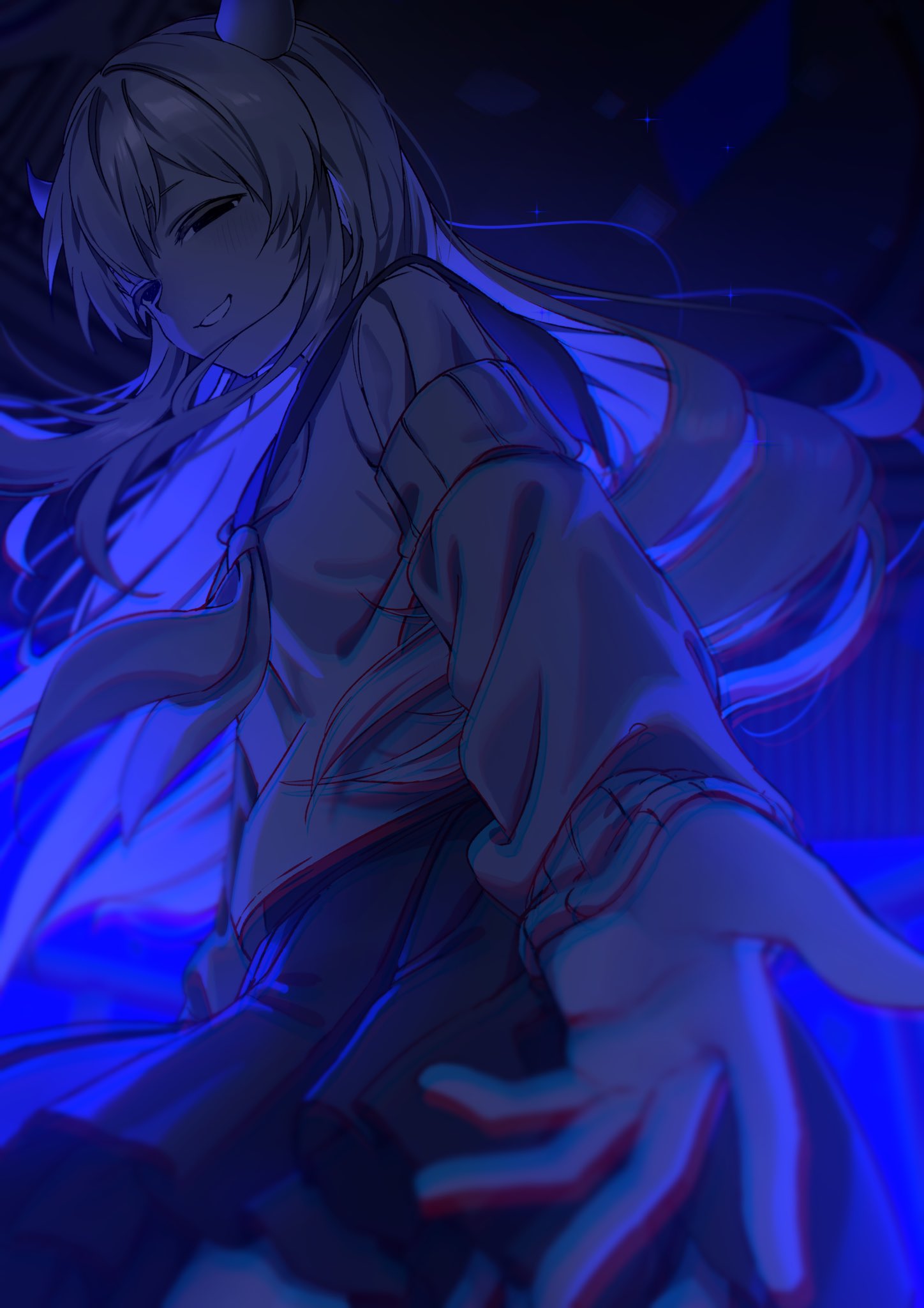 1girl backlighting beckoning blue_theme blurry blush cardigan cardigan_partially_removed cevio chromatic_aberration commentary_request cowboy_shot depth_of_field empty_eyes floating_hair foreshortening grin half-closed_eyes highres horns isei_ni_ikou_ne_(cevio) long_hair long_sleeves looking_at_viewer monochrome open_cardigan open_clothes outstretched_hand pleated_skirt school_uniform serafuku skirt smile solo standing star_(sky) wankosoradayo