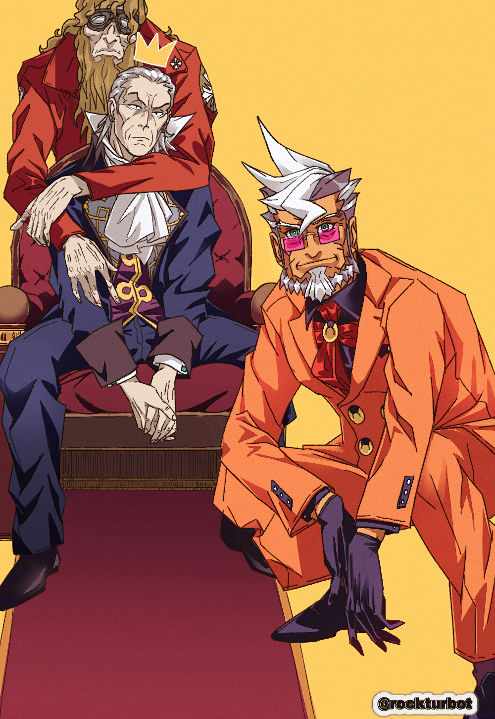 3boys ace_attorney ace_attorney_investigations ace_attorney_investigations_2 artist_name ascot beard black_gloves bow brown_hair chair crown damon_gant facial_hair frown glasses gloves goggles grey_hair highres ichiyanagi_bansai jacket long_sleeves manfred_von_karma multicolored_hair multiple_boys old old_man orange_pants orange_suit own_hands_together pants red_bow red_jacket rockturbot sitting squatting tan trait_connection two-tone_hair white_ascot white_hair yellow_background