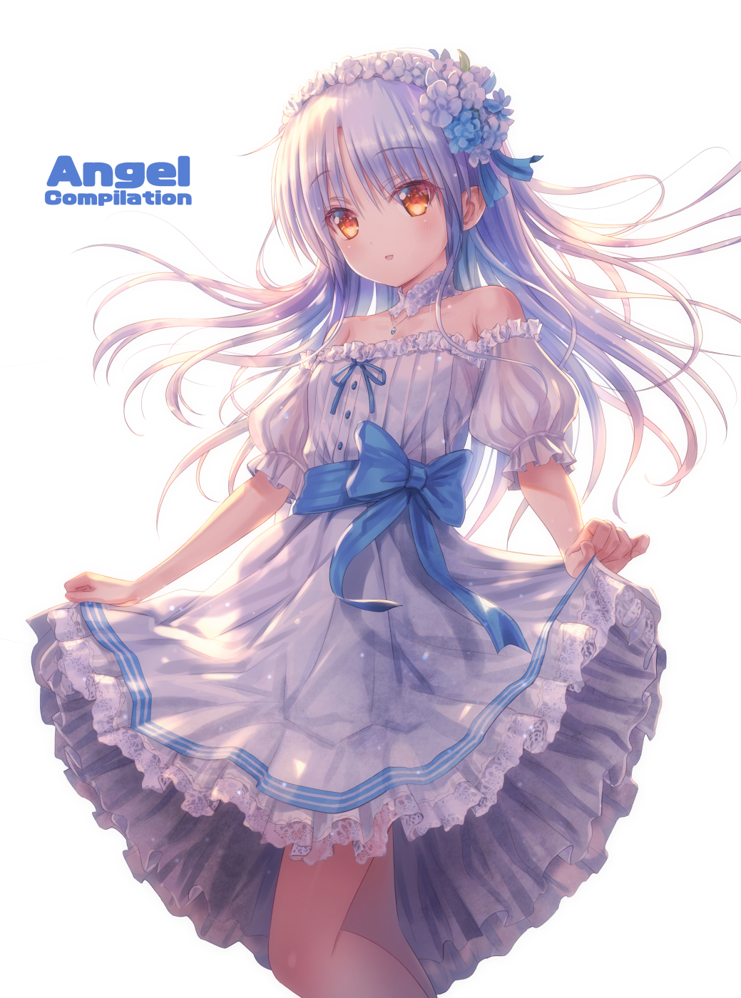 1girl alternate_costume angel_beats! armpit_crease backlighting bare_shoulders black_ribbon blue_bow blue_flower blush bow comiket_103 commentary_request cover cover_page detached_collar doujin_cover dress english_text eyes_visible_through_hair feet_out_of_frame floating_hair flower flower_wreath frilled_dress frills goto_p grey_hair hair_between_eyes hair_flower hair_ornament hairband head_wreath highres jewelry long_hair looking_at_viewer necklace off-shoulder_dress off_shoulder open_mouth puffy_short_sleeves puffy_sleeves ribbon short_sleeves simple_background skirt_hold smile solo standing tachibana_kanade white_background white_dress white_flower white_hairband yellow_eyes