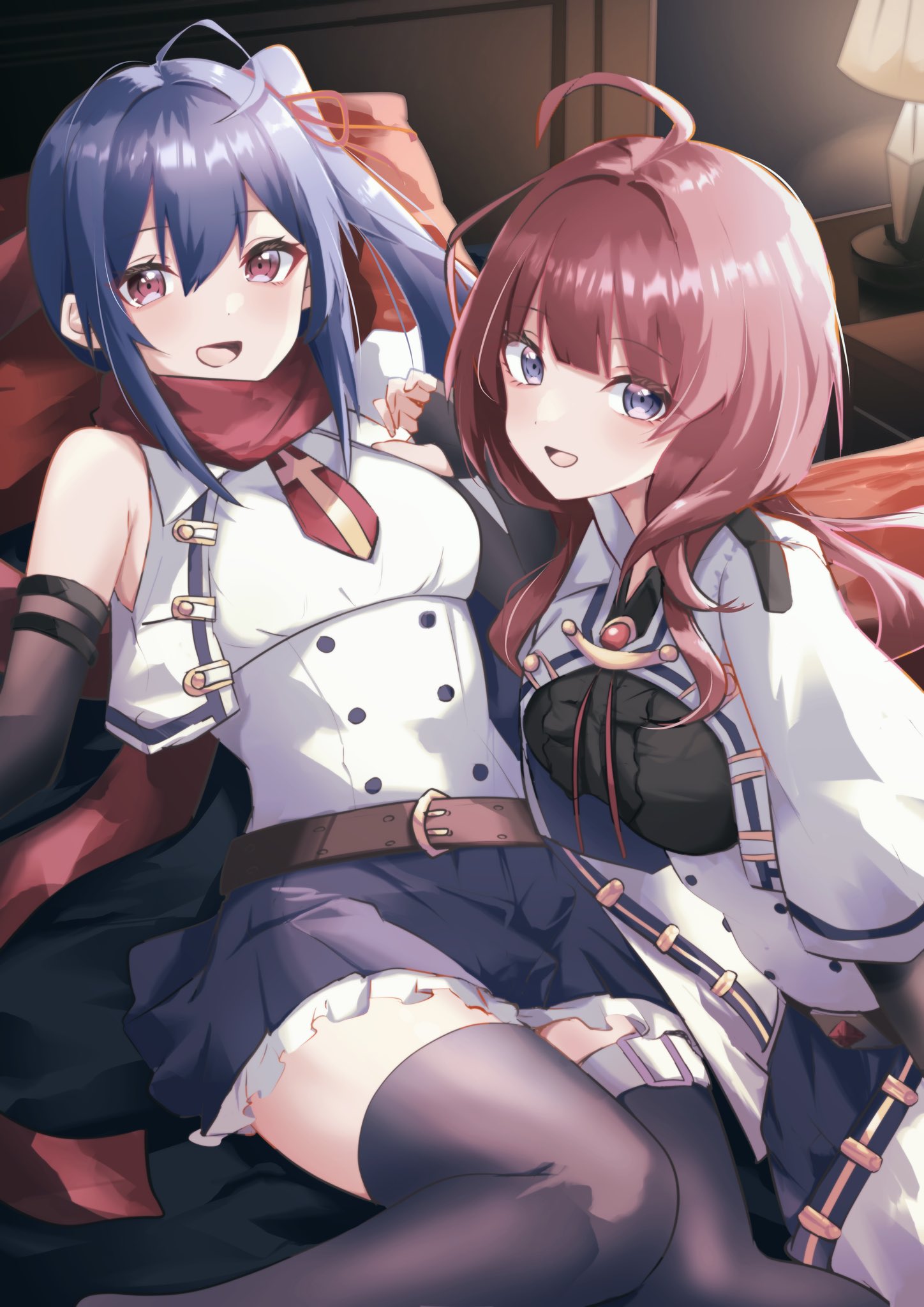 2girls ahoge armpit_crease assault_lily bare_shoulders bed belt belt_buckle black_gloves black_shirt black_skirt black_thighhighs blue_eyes blue_hair blunt_bangs breasts brown_belt brown_hair buckle center_frills commentary cropped_jacket desk_lamp elbow_gloves fingerless_gloves frilled_shirt frilled_skirt frills gloves hair_between_eyes hair_ribbon high_ponytail highres houji_tea_latte indoors ishikawa_aoi jacket kaede_johan_nouvel knees_together_feet_apart lamp long_hair looking_at_viewer lying medium_breasts miniskirt multiple_girls necktie on_back on_bed on_side open_clothes open_jacket open_mouth pillow pink_eyes pleated_skirt red_necktie red_ribbon red_scarf ribbon scarf shirt short_necktie side_ponytail sidelocks skirt sleeveless sleeveless_jacket smile thigh_belt thigh_strap thighhighs underbust white_belt white_shirt zettai_ryouiki