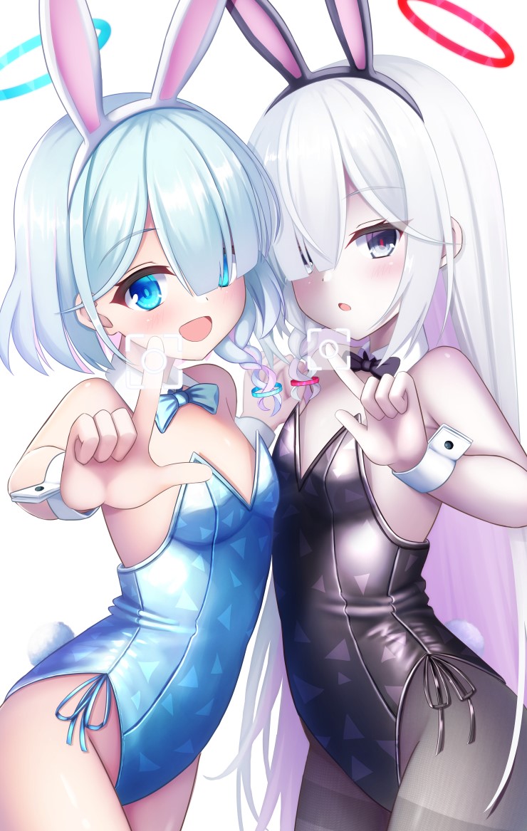 2girls :d alternate_costume animal_ears arona_(blue_archive) bare_shoulders black_leotard black_pantyhose blue_archive blue_eyes blue_hair blue_halo blue_leotard blush braid breast_press breasts bright_pupils colored_inner_hair comiket_102 commentary_request eyelashes fake_animal_ears fake_tail flat_chest foreshortening grey_eyes grey_hair hair_over_one_eye halo hand_up highleg highleg_leotard index_finger_raised leotard long_hair looking_at_viewer multicolored_hair multiple_girls nanatsuki_akito open_mouth pantyhose pink_hair plana_(blue_archive) playboy_bunny rabbit_ears rabbit_tail red_halo red_pupils short_hair side-by-side simple_background single_braid smile straight_hair strapless strapless_leotard streaked_hair symmetrical_docking tail thighband_pantyhose tsurime very_long_hair white_background white_wrist_cuffs