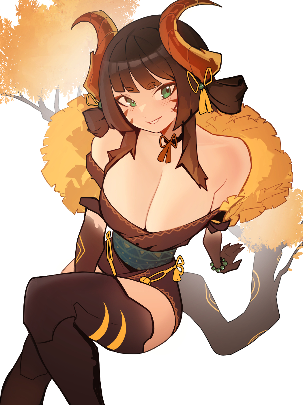 1girl :d bare_shoulders bead_bracelet beads black_hair black_hands blunt_bangs blush bracelet breasts brown_hair chinese_clothes choker cleavage colored_skin cowboy_shot distr dragon_girl dragon_horns dragon_tail english_commentary facial_tattoo gingko_dragon_girl_(distr) gradient_hair green_eyes hair_ornament hairstyle_request highres horns jewelry large_breasts long_hair looking_at_viewer multicolored_hair original sidelocks simple_background sitting smile solo tail tassel tassel_hair_ornament tattoo tree_tail white_background