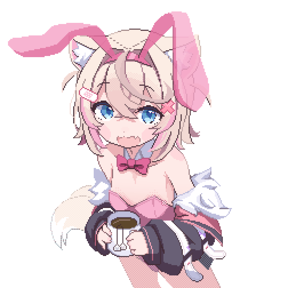1girl :d animal_ear_fluff animal_ears bandaid bandaid_hair_ornament black_jacket blonde_hair blue_eyes blush_stickers bow bowtie breasts commentary_request cowboy_shot crossed_bangs cup detached_collar dog_ears dog_girl fake_animal_ears fang from_above hair_ornament hands_up holding holding_cup hololive hololive_english jacket leotard long_sleeves looking_at_viewer mococo_abyssgard mug multicolored_hair off_shoulder pink_bow pink_bowtie pink_hair pink_leotard pixel_art potato7192 rabbit_ears short_hair skin_fang small_breasts smile solo strapless strapless_leotard streaked_hair teabag transparent_background variant_set virtual_youtuber x_hair_ornament