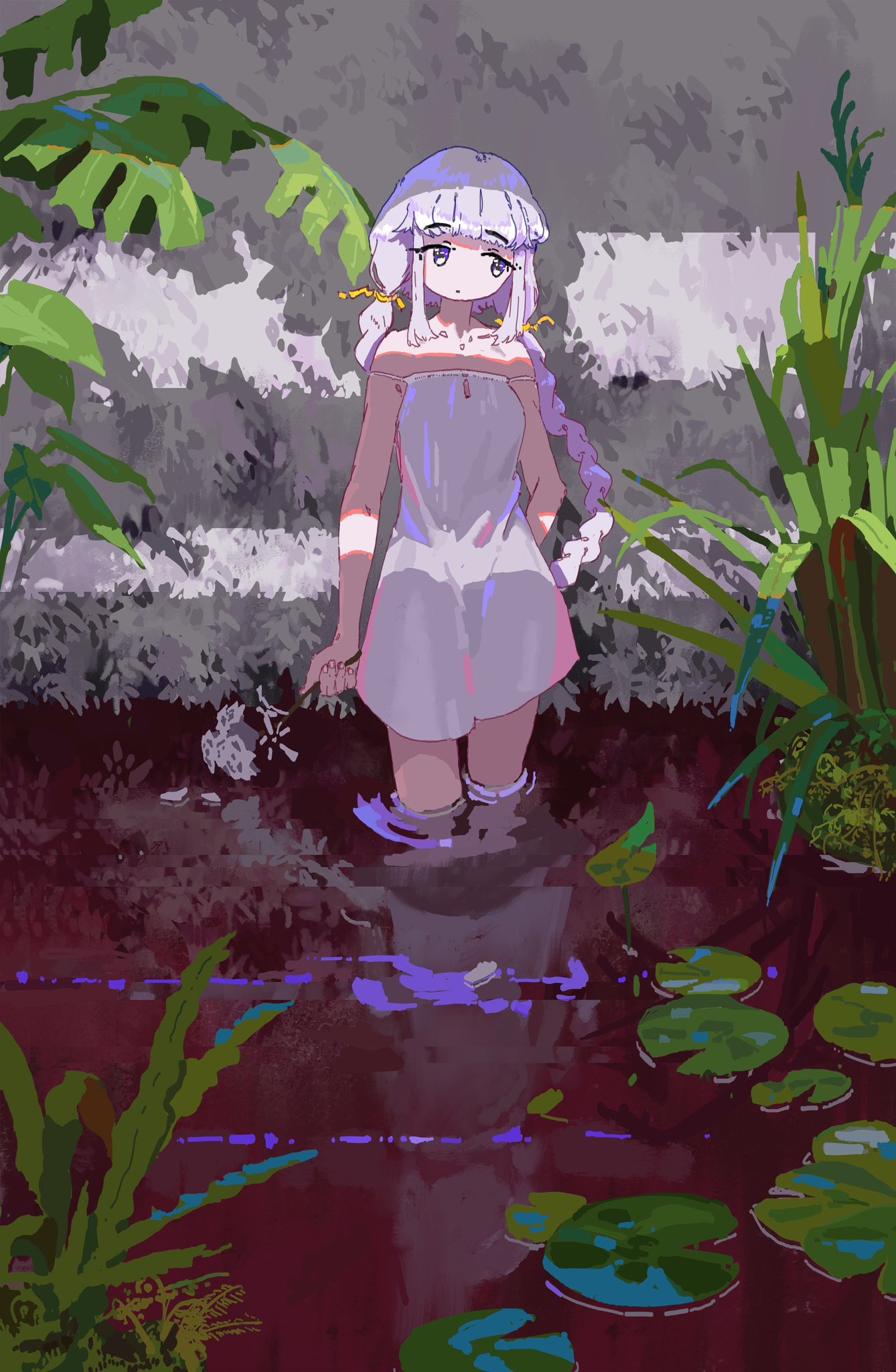 braid dress flower highres lefko_d lily_pad long_hair original outdoors pond solo twin_braids twintails wading white_dress white_hair