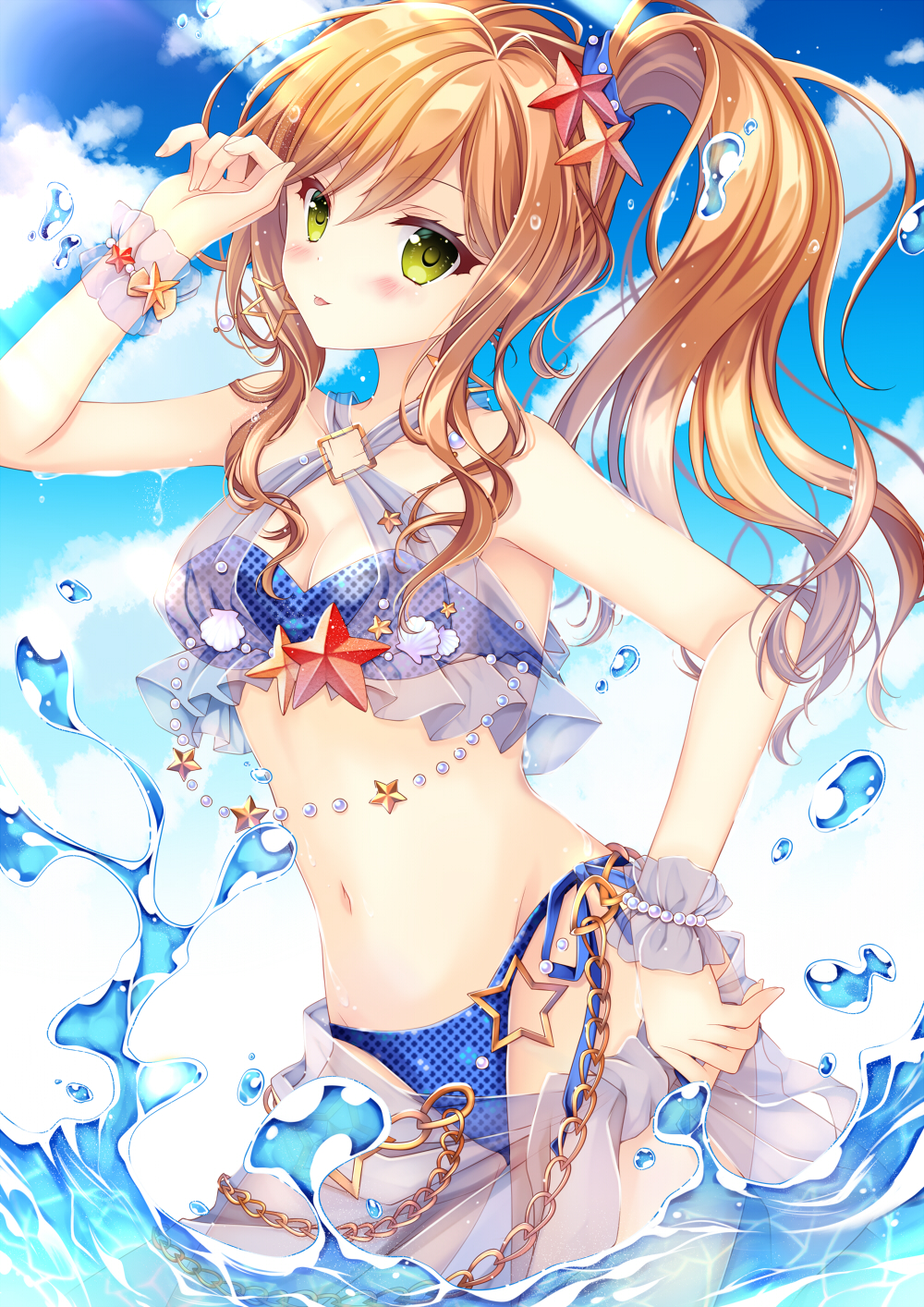 1girl :p bang_dream! bikini blue_bikini blue_sky blush breasts brown_hair chain cleavage cloud day earrings green_eyes hair_ornament highres hiryuu_kanon imai_lisa jewelry long_hair looking_at_viewer navel outdoors see-through side_ponytail sidelocks sky solo star_(symbol) star_hair_ornament stomach swimsuit tongue tongue_out water