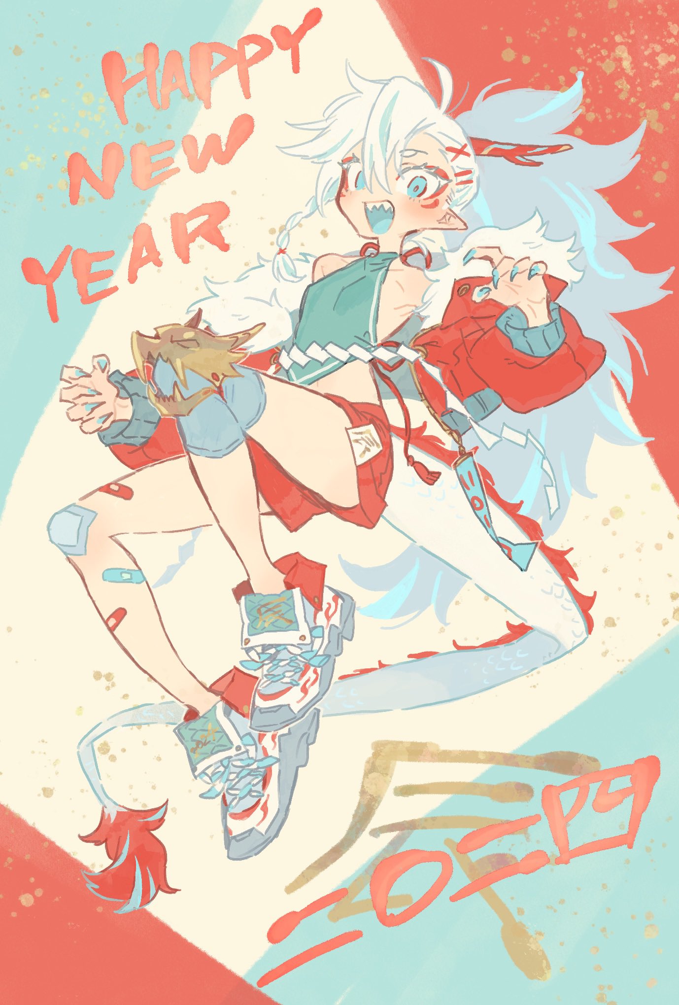 1girl 2024 bandaid bandaid_on_leg bare_shoulders blue_eyes blue_nails braid chinese_clothes chinese_zodiac commentary_request dragon_girl dragon_horns dragon_tail dudou fingernails full_body hair_ornament hairclip happy_new_year highres horns jacket long_hair looking_at_viewer off_shoulder oimo_(14sainobba) open_clothes open_jacket open_mouth original sharp_fingernails sharp_teeth shoes shorts side_braid smile sneakers solo tail teeth white_hair year_of_the_dragon