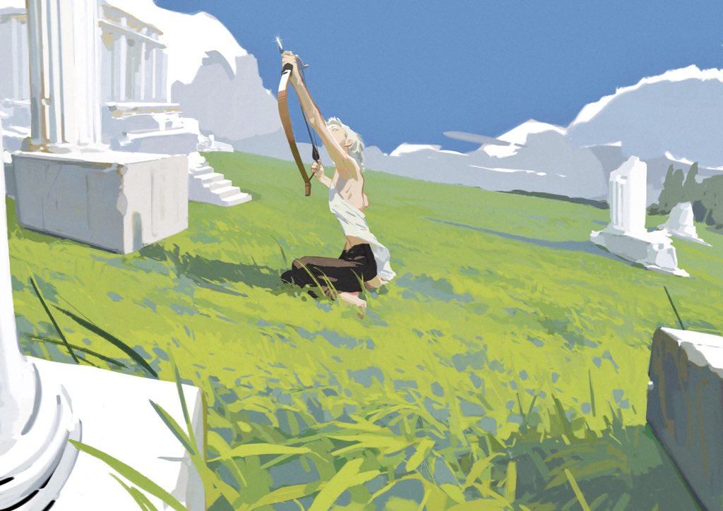 1girl architecture armpits arrow_(projectile) bare_arms barefoot black_pants blue_sky bow_(weapon) cloud commentary day drawing_bow field forest full_body grass greco-roman_architecture holding holding_arrow holding_bow_(weapon) holding_weapon huahua_zhu leather leather_pants looking_up medium_hair midriff_peek nature navel original outdoors pants pillar ribs ruins sitting sky solo symbol-only_commentary toga wariza weapon white_eyes white_hair