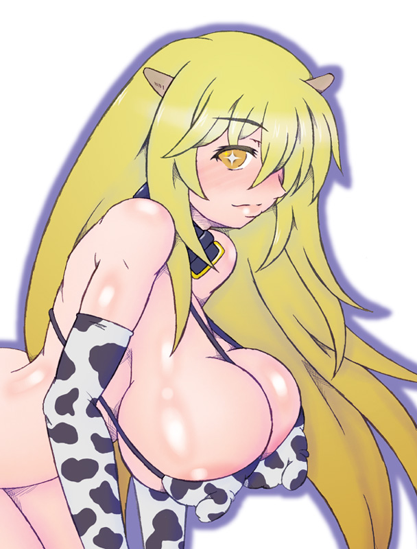 1girl animal_print areola_slip bare_shoulders belt belt_collar bikini black_belt blush breasts bright_pupils closed_mouth collar commentary_request covered_nipples cow_horns cow_print cow_print_bikini cow_print_gloves elbow_gloves feet_out_of_frame from_side gloves hair_over_one_eye horns huge_breasts huge_nipples juuroku light_smile lips long_hair looking_at_viewer micro_bikini nose_blush print_bikini print_gloves shiny_skin shokuhou_misaki simple_background smile solo star-shaped_pupils star_(symbol) swimsuit symbol-shaped_pupils toaru_majutsu_no_index very_long_hair white_background white_pupils yellow_eyes