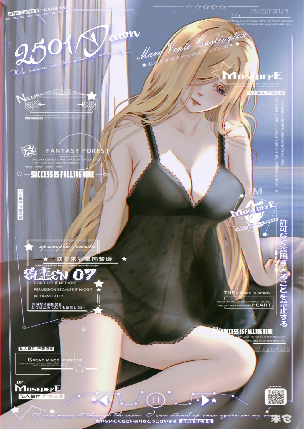 1girl black_dress black_panties blonde_hair blue_eyes breasts cleavage commentary dress ellen07 english_commentary english_text highres large_breasts lingerie mare_caslington mixed-language_text on_bed original panties revealing_clothes underwear