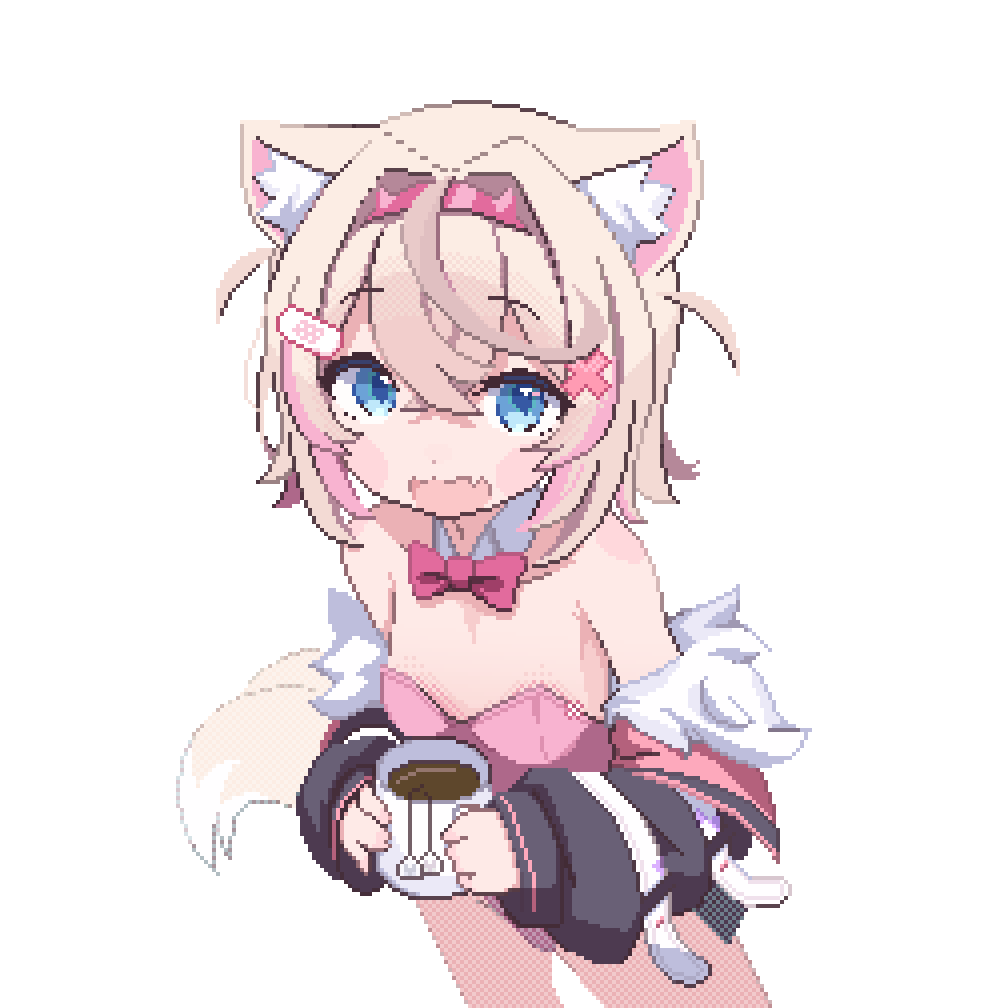 1girl :d animal_ear_fluff animal_ears bandaid bandaid_hair_ornament black_jacket blonde_hair blue_eyes blush_stickers bow bowtie breasts cowboy_shot crossed_bangs cup detached_collar dog_ears dog_girl fang from_above hair_ornament hairband hands_up holding holding_cup hololive hololive_english jacket leotard long_sleeves looking_at_viewer mococo_abyssgard mug multicolored_hair off_shoulder pink_bow pink_bowtie pink_hair pink_hairband pink_leotard pixel_art potato7192 short_hair skin_fang small_breasts smile solo strapless strapless_leotard streaked_hair teabag transparent_background variant_set virtual_youtuber x_hair_ornament