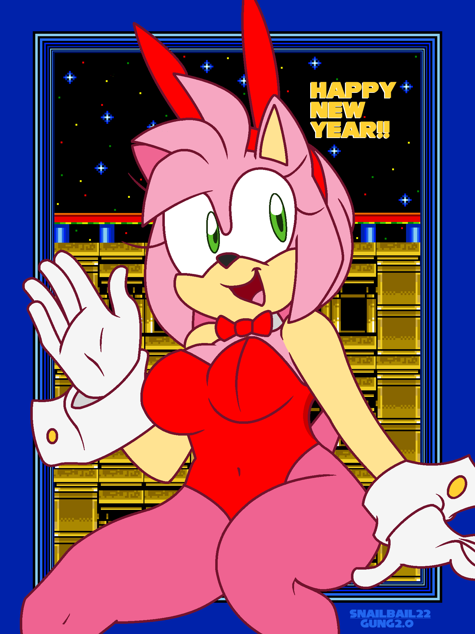 amy_rose anthro bow_tie breasts bunny_costume casino clothing costume eulipotyphlan female fullmetalsketch gloves green_eyes handwear hedgehog hi_res mammal pink_body sega snailbail22 solo sonic_the_hedgehog_(series) tight_clothing