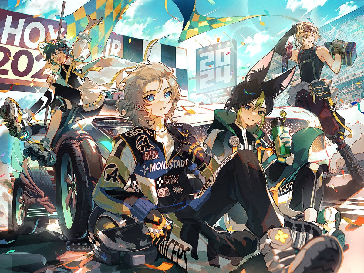 2024 4boys albedo_(genshin_impact) animal_ears artist_name black_hair black_pants black_shirt blonde_hair blue_eyes braid car checkered_flag closed_eyes flag flask fox_ears genshin_impact gloves green_hair hat holding holding_flask jacket kaveh_(genshin_impact) long_sleeves male_focus mint-tan motor_vehicle multicolored_hair multiple_boys official_art pants red_eyes roller_skates shirt shoes skates tighnari_(genshin_impact) venti_(genshin_impact) visor_cap wheel