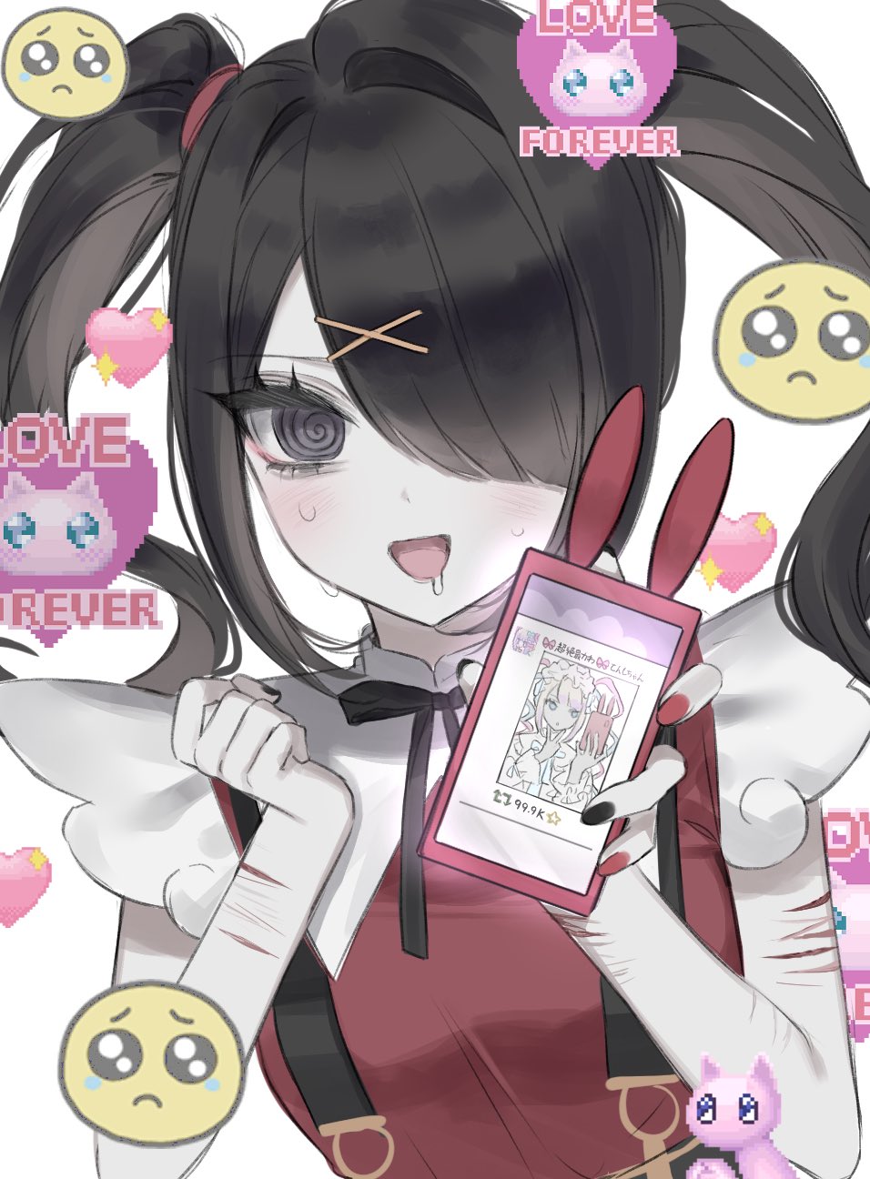 1girl :d @_@ ame-chan_(needy_girl_overdose) black_eyes black_hair black_ribbon blush chouzetsusaikawa_tenshi-chan collared_shirt commentary cuts drooling emoji hair_ornament hair_over_one_eye hair_tie hands_up heart highres holding holding_phone injury long_hair looking_at_viewer mouth_drool neck_ribbon needy_girl_overdose open_mouth phone pien_cat_(needy_girl_overdose) pleading_face_emoji red_shirt ribbon scar scar_on_arm self-harm self-harm_scar shirt smile solo sweatdrop symbol-only_commentary syuni_(iwakura_666) twintails upper_body white_background x_hair_ornament