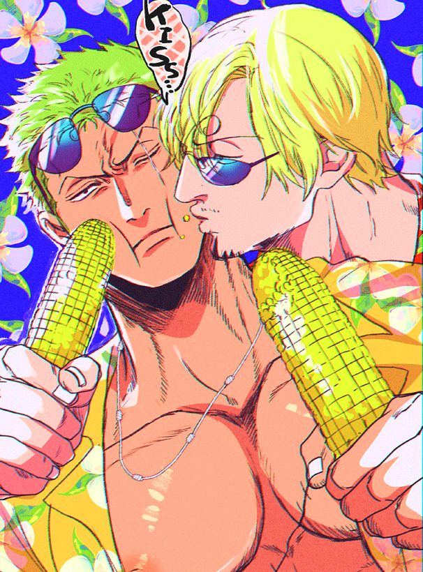 2boys beard black_eyes blonde_hair blue_background collarbone colored_skin corn curly_eyebrows dondoko english_text eyewear_on_head facial_hair fingernails floral_background food food_on_face furrowed_brow green_hair hair_between_eyes hair_over_one_eye hawaiian_shirt holding holding_corn holding_food jewelry kiss kissing_cheek large_pectorals looking_at_another male_focus multiple_boys necklace nipples one_eye_closed one_piece orange_shirt pectoral_cleavage pectorals red_shirt rope_necklace roronoa_zoro sanji_(one_piece) scar scar_across_eye scar_on_chest scar_on_face shirt short_hair simple_background speech_bubble sunglasses tan v-shaped_eyebrows white_skin yaoi