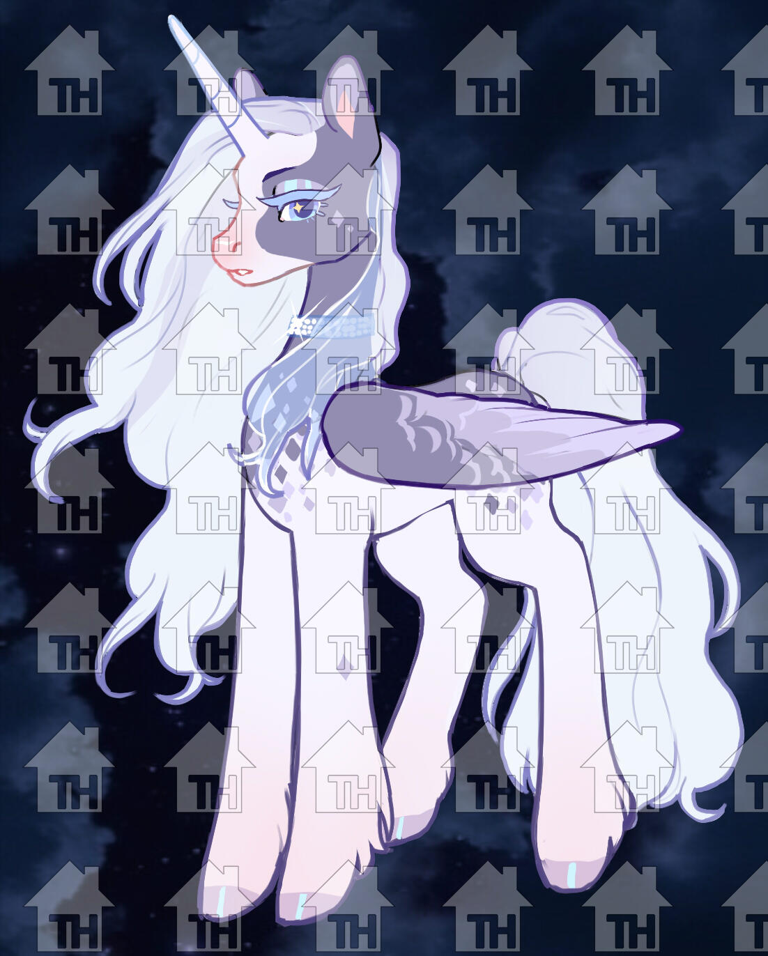 1_horn all_fours ambiguous_gender blue_background blue_eyelashes equid equine feathered_wings feathers feral fluffy fluffy_tail full-length_portrait fur grey_body grey_fur hi_res hooves horn looking_at_viewer mammal mane nsfwzhenya portrait side_view simple_background snout solo sparkling_eyes tail unicorn unicorn_horn watermark white_body white_fur white_mane white_tail wings