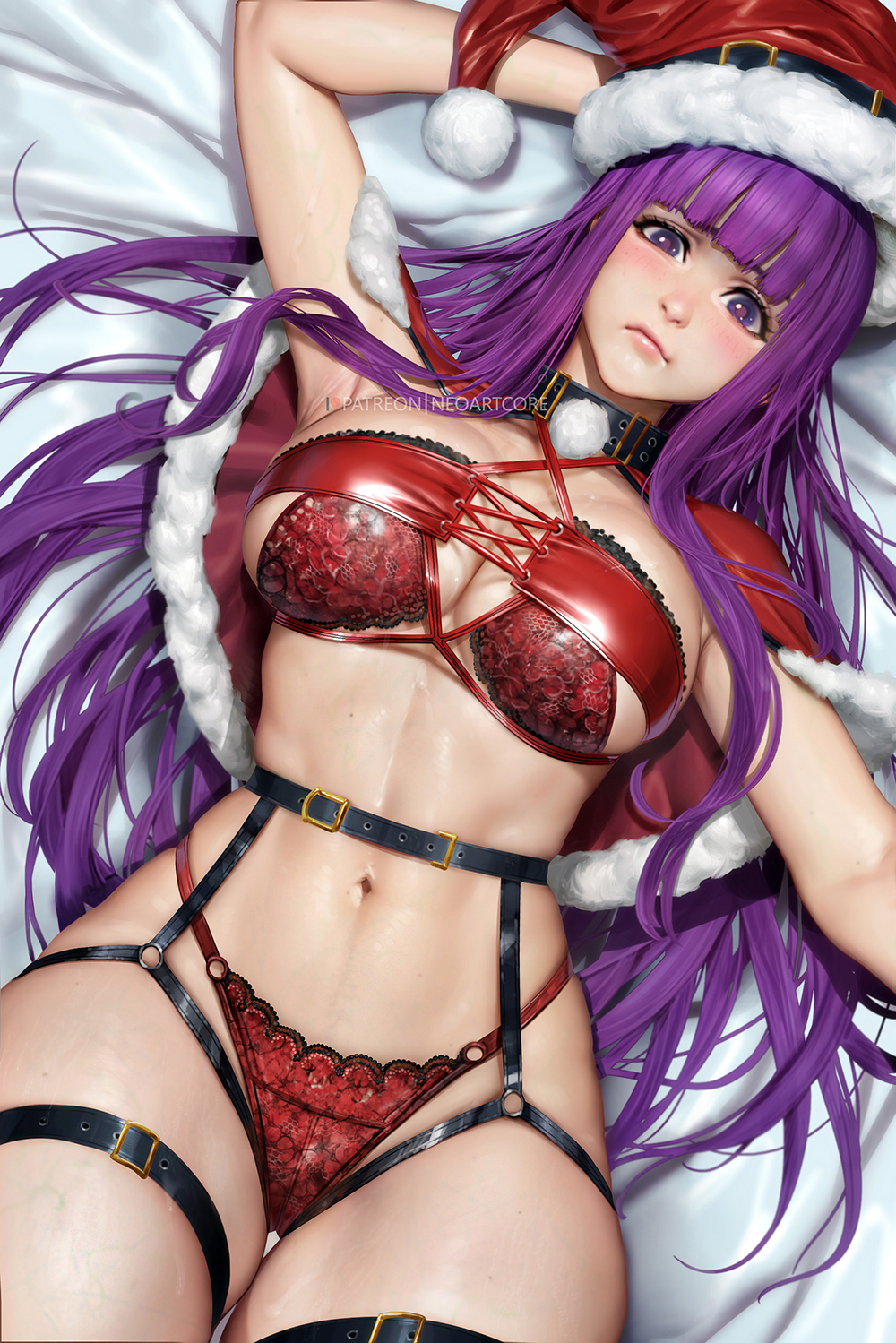 1girl belt black_belt blunt_bangs bra breasts capelet cleavage closed_mouth criss-cross_halter fern_(sousou_no_frieren) fur-trimmed_capelet fur_trim halterneck hat highleg highleg_panties highres large_breasts linea_alba long_hair looking_at_viewer lying navel neoartcore o-ring on_back panties patreon_username pom_pom_(clothes) purple_eyes purple_hair purple_pupils red_bra red_panties santa_hat solo sousou_no_frieren straight_hair thigh_belt thigh_strap underwear