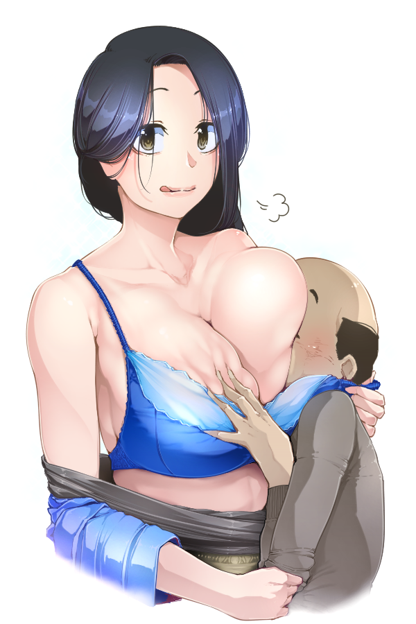 1boy 1girl age_difference aratama_(a-tama) bald black_hair blue_bra bra breasts deep_skin hetero large_breasts licking_lips old old_man original tongue tongue_out underwear white_background