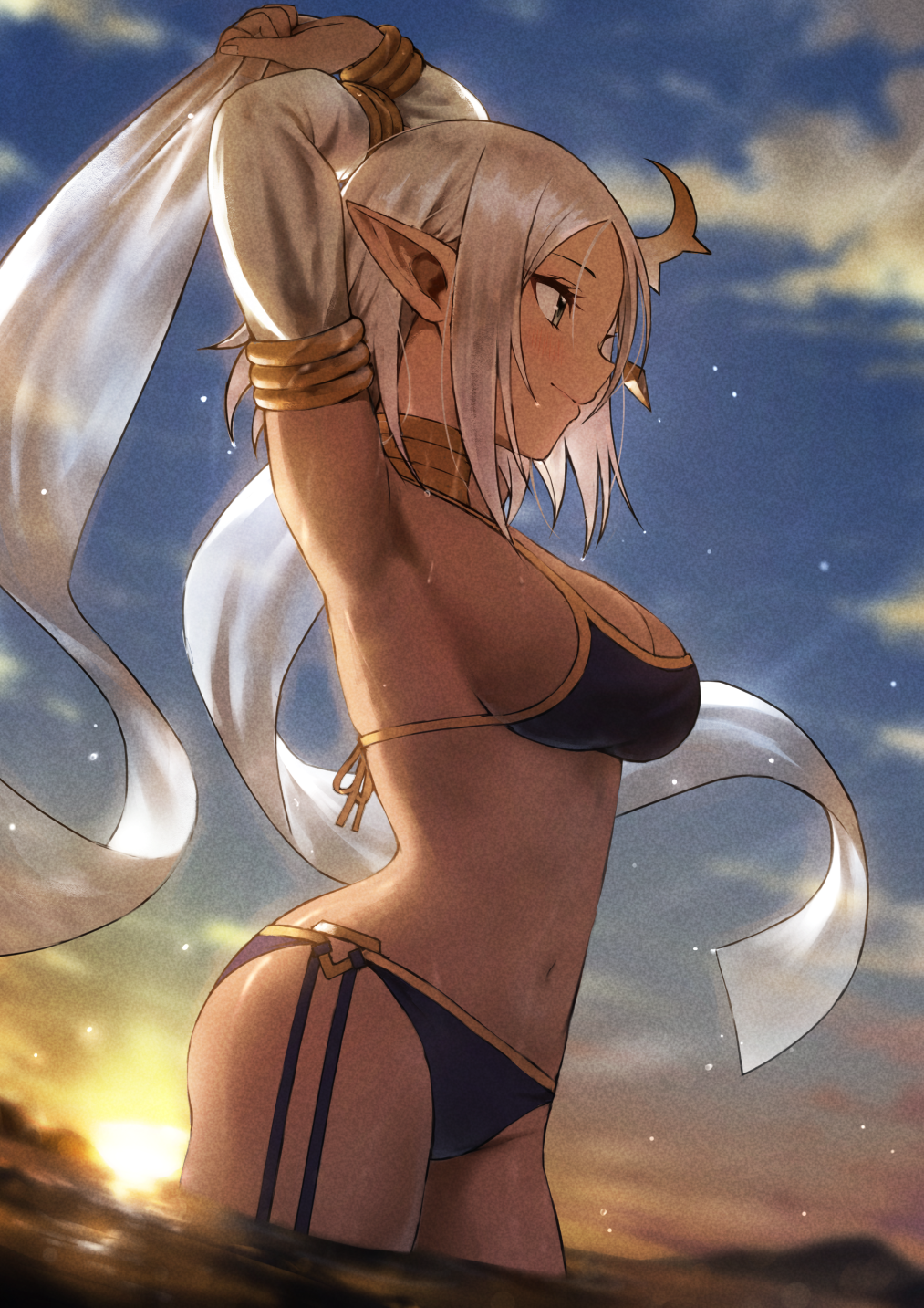 1girl armpits arms_up beach bikini black_bikini breasts fagi_(kakikaki) from_side harem_outfit highres long_hair navel original pointy_ears smile solo stomach sunset swimsuit wading white_veil