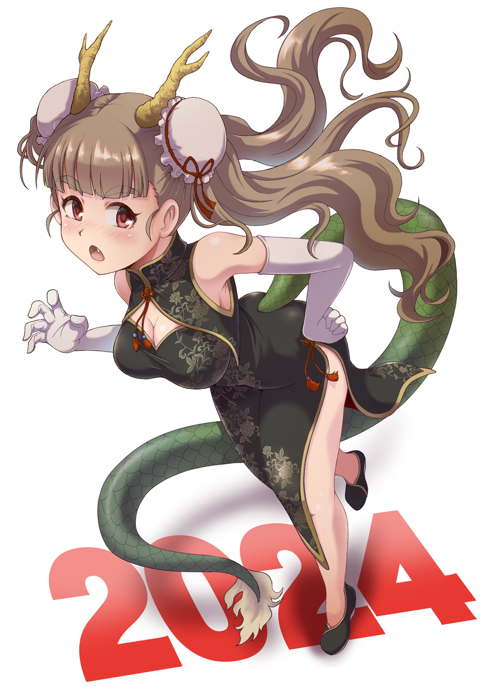 1girl 2024 bare_shoulders blunt_bangs blush breasts brown_hair china_dress chinese_clothes claw_pose double_bun dragon_horns dragon_tail dress fang green_dress hair_bun highres horns idolmaster idolmaster_cinderella_girls kamiya_nao large_breasts long_hair new_year open_mouth red_eyes satomura_kyou solo tail thick_eyebrows thighs white_background