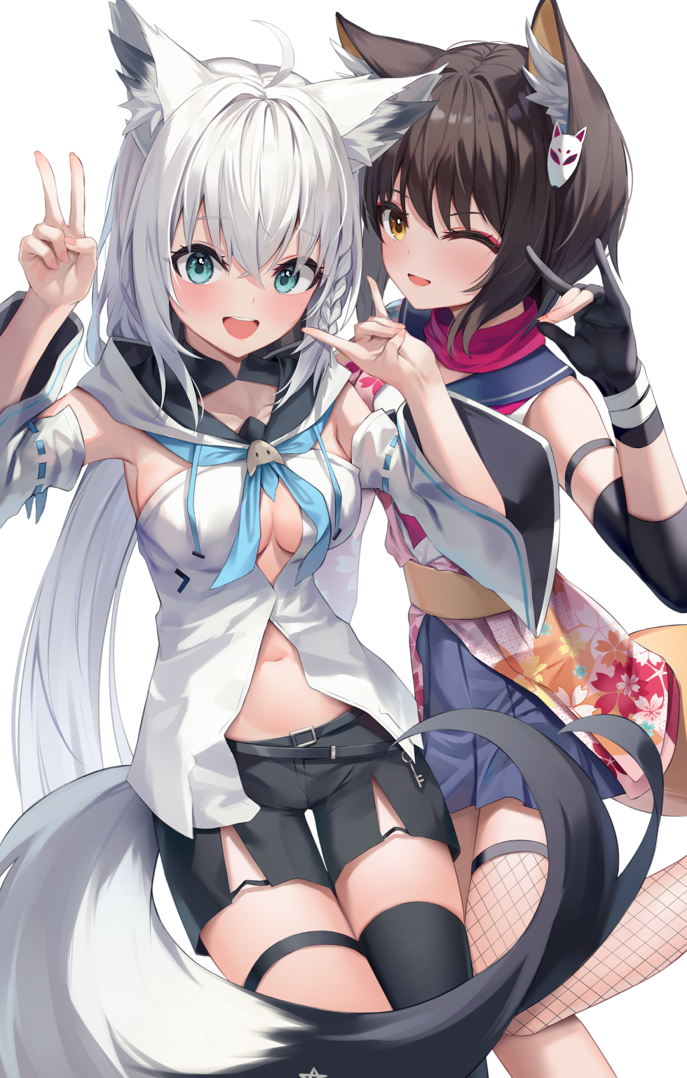 2girls :d ;d ahoge animal_ears black_gloves black_hair black_thighhighs blue_archive braid breasts crossover detached_sleeves fingerless_gloves fishnet_thighhighs fishnets fox_ears fox_girl fox_hair_ornament fox_shadow_puppet fox_tail gloves highres hololive izuna_(blue_archive) looking_at_viewer medium_breasts multiple_girls navel one_eye_closed pentagram red_scarf scarf shirakami_fubuki shirakami_fubuki_(1st_costume) short_hair shuvi_(shuvi1125) simple_background single_braid single_thighhigh smile tail teeth thighhighs upper_teeth_only v virtual_youtuber white_background white_sleeves wings yellow_eyes