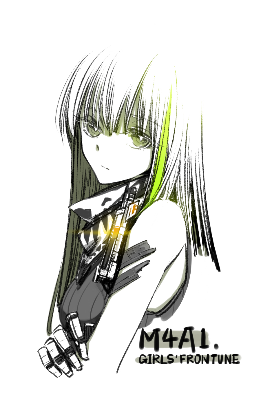 1girl black_leotard character_name chinese_commentary closed_mouth commentary_request copyright_name expressionless from_side girls'_frontline gloves green_hair hand_on_own_arm highres leotard long_hair looking_at_viewer looking_to_the_side m4a1_(girls'_frontline) mask multicolored_hair simple_background skull_mask sleeveless solo spot_color streaked_hair su_xiao_jei white_background