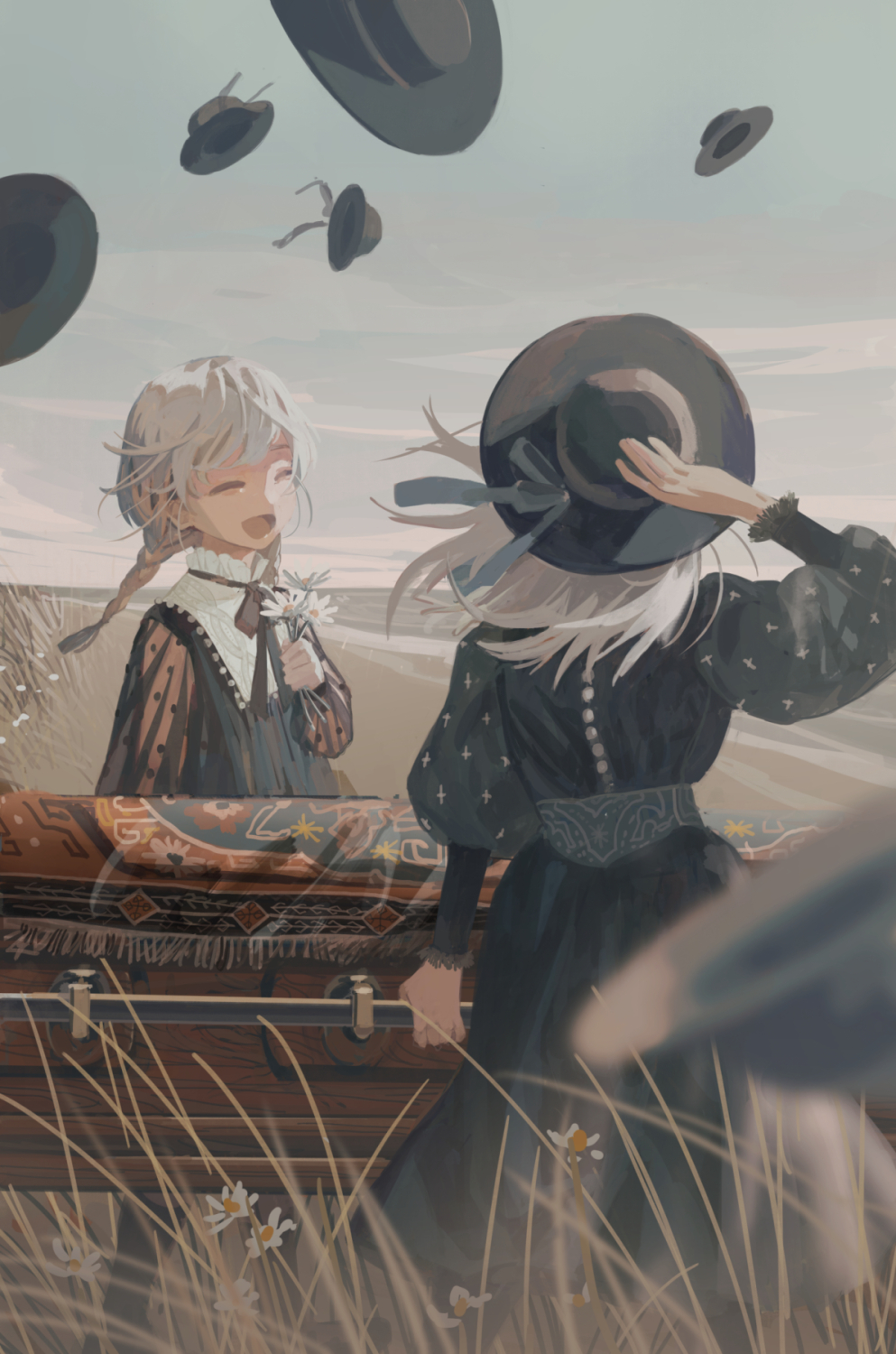 2girls ^_^ black_dress black_headwear braid casket clea_(geee13) closed_eyes commentary dated_commentary dress field flower funeral hat hat_ribbon highres holding holding_flower long_sleeves multiple_girls open_mouth original outdoors ribbon sky smile throwing_hat white_flower