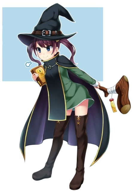 1girl black_cape black_headwear blue_eyes book boots cape circe_(haremon) dress full_body green_dress haremon hat holding holding_book holding_staff long_sleeves medium_hair monster_girl nervous_smile official_art pinguinkotak purple_hair smile solo staff tachi-e thigh_boots tsurime twintails witch witch_hat wooden_staff