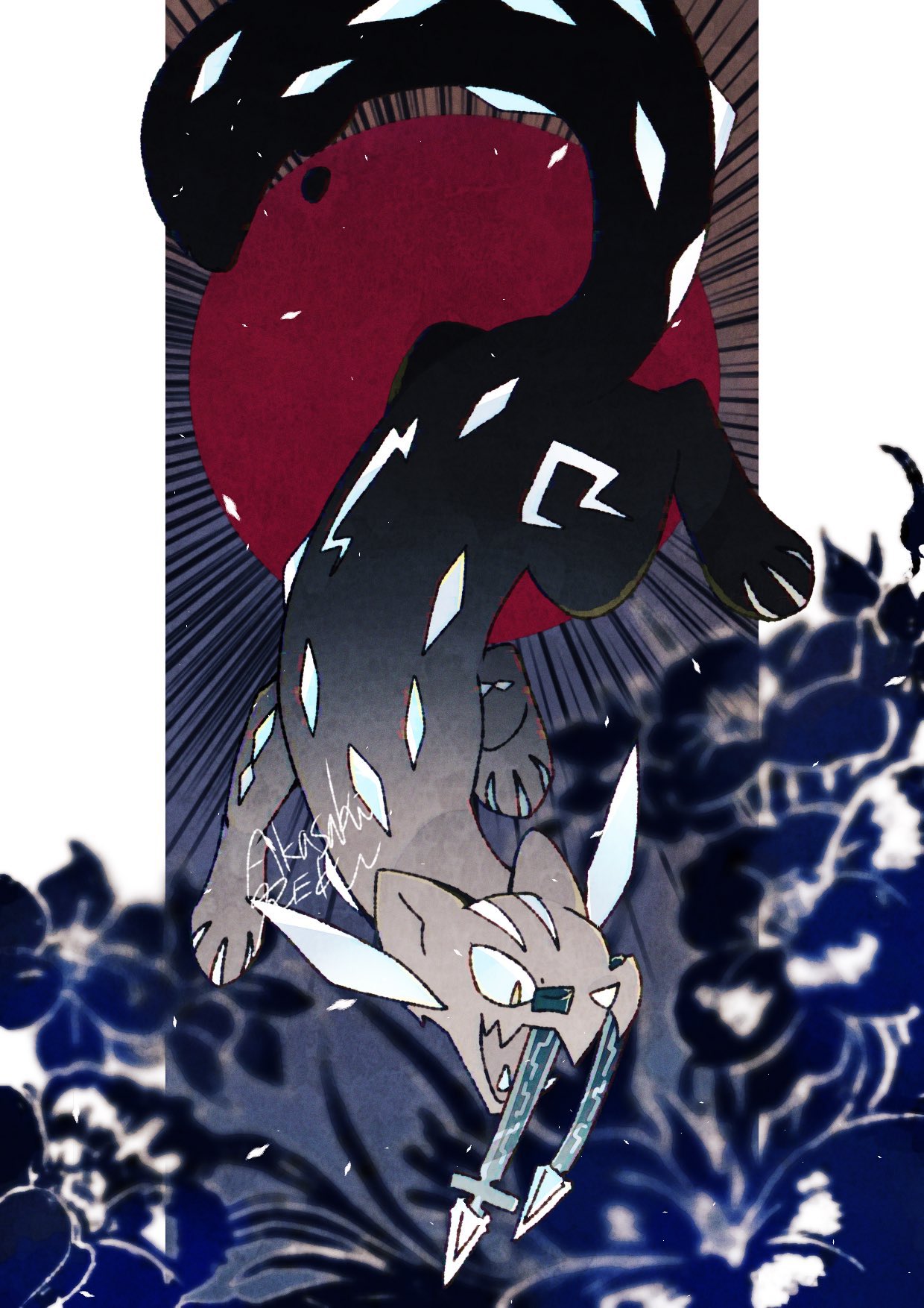animal_focus blue_eyes blue_flower chien-pao commentary emphasis_lines fangs flower highres ice no_humans open_mouth pillarboxed pokemon pokemon_(creature) red_sun reku_poke skin_fangs snow_leopard symbol-only_commentary tail whiskers white_fur