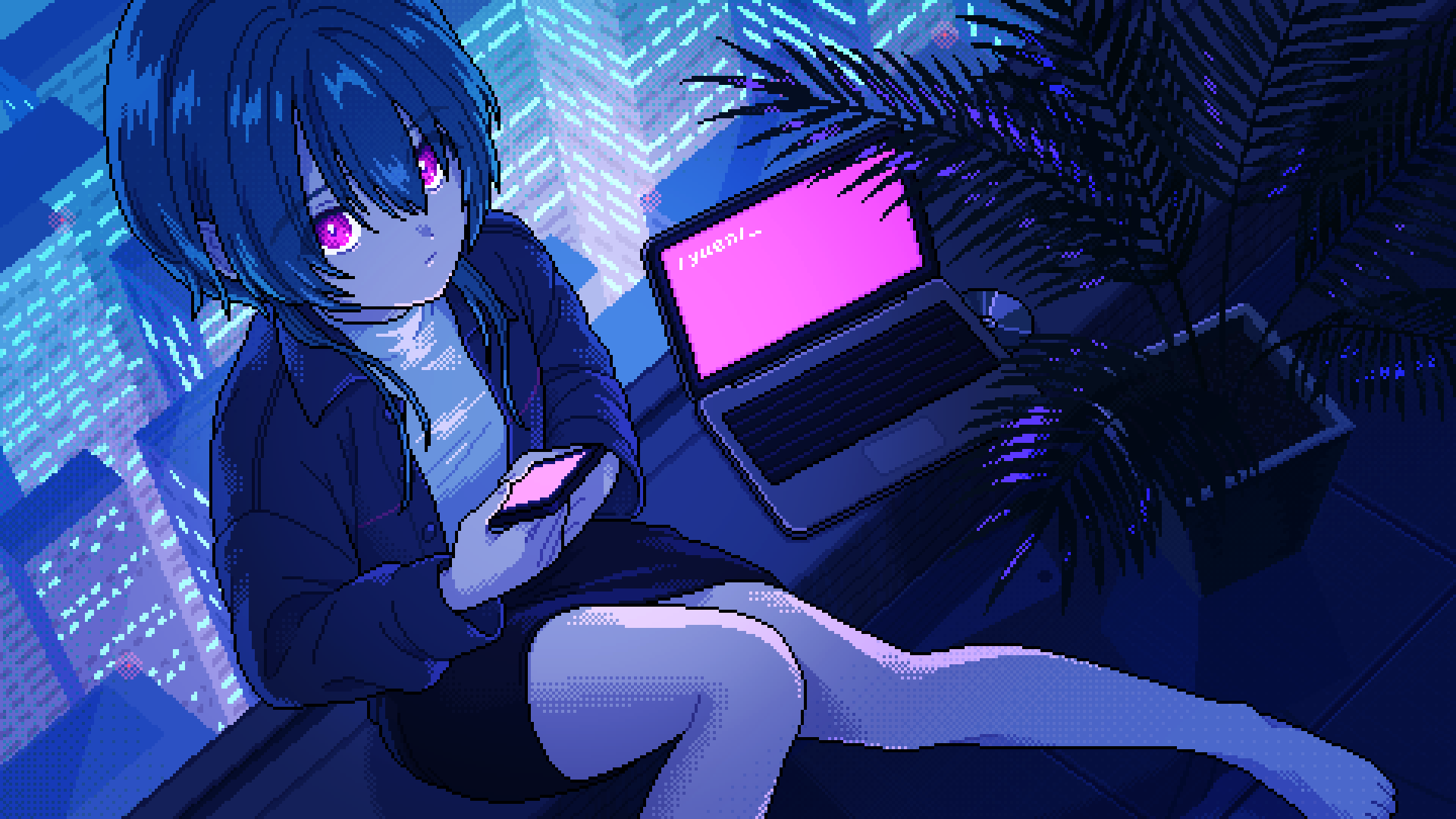 1girl bare_legs blue_hair blue_theme bright_pupils building buttons cellphone city cityscape computer dithering highres holding holding_phone jacket kamitsubaki_studio laptop narume official_art onuma_paseri open_clothes open_jacket pencil_skirt phone pixel_art plant potted_plant purple_eyes rooftop short_hair_with_long_locks sitting skirt skyscraper smartphone solo virtual_youtuber white_pupils