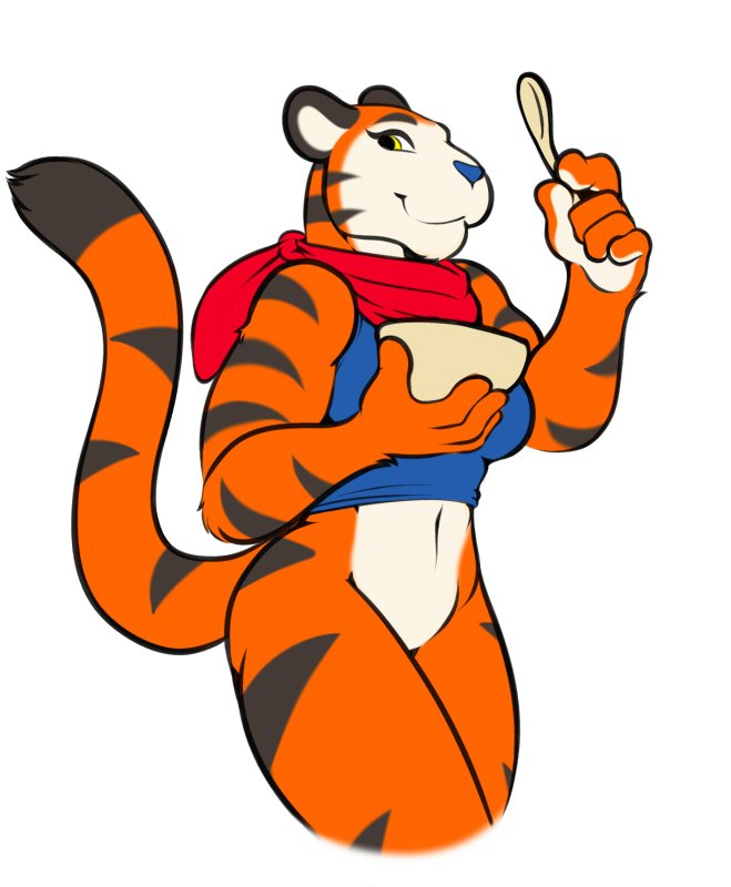 2016 5_fingers anthro blue_nose bottomless bowl clothed clothing crossgender cutlery digital_media_(artwork) felid female fingers freckles_(artist) frosted_flakes holding_object kellogg's kitchen_utensils mammal mascot mtf_crossgender pantherine scarf simple_background solo spoon stripes tiger tony_the_tiger tools topwear white_background