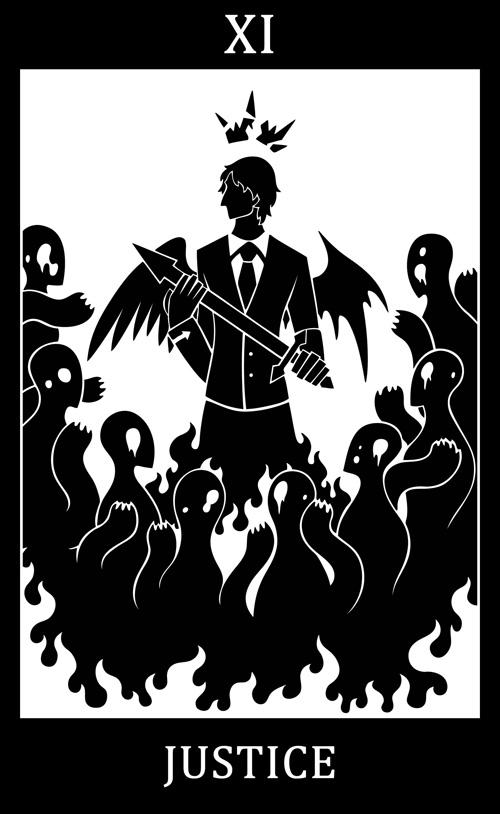 2015 ambiguous_gender biped black_and_white black_border border broken_crown card clothed clothed_humanoid clothed_male clothing crown digital_drawing_(artwork) digital_media_(artwork) directional_arrow english_text eyeless feathered_wings feathers fire group headgear holding_object holding_sword holding_weapon humanoid justice_(tarot) major_arcana male male_humanoid melee_weapon membrane_(anatomy) membranous_wings monochrome monster monstrous_humanoid necktie roman_numeral scp-1730 scp_foundation silhouette simple_background suit sunnyclockwork sword tarot_card text weapon white_background white_text winged_humanoid wings