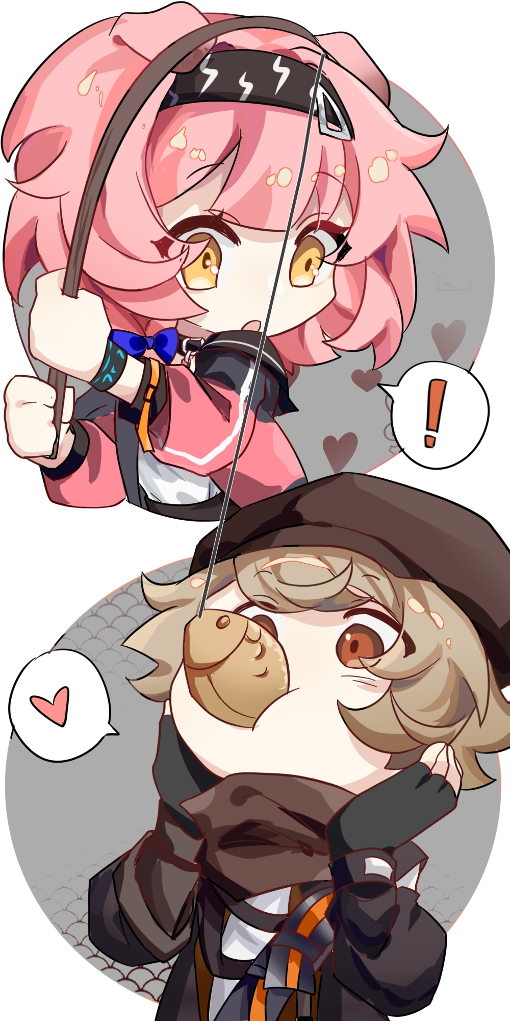 ! 1boy 1girl :o animal_ears arknights black_gloves black_hairband black_jacket blue_bow bow braid brown_eyes brown_hair cat_ears chibi commentary_request cropped_torso fingerless_gloves fishing_line fishing_rod food gloves goldenglow_(arknights) grey_background hair_bow hairband hands_up heart highres holding holding_fishing_rod jacket lightning_bolt_print long_sleeves open_clothes open_jacket parted_lips pink_hair pink_jacket print_hairband puffy_long_sleeves puffy_sleeves red_(npc)_(arknights) shirt single_braid spoken_exclamation_mark spoken_heart taiyaki two-tone_background upper_body wagashi white_background white_shirt yebeiming yellow_eyes