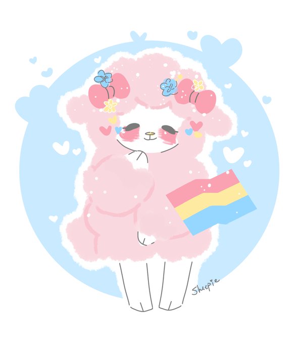 &lt;3 2019 anthro blush bovid bow caprine domestic_sheep eyes_closed female fur happy lgbt_pride mammal my_sweet_piano onegai_my_melody pansexual_pride_colors pink_body pink_fur pink_wool pride_colors sanrio semi-anthro sheep sheepiescribblz smile solo standing wool_(fur) yellow_nose