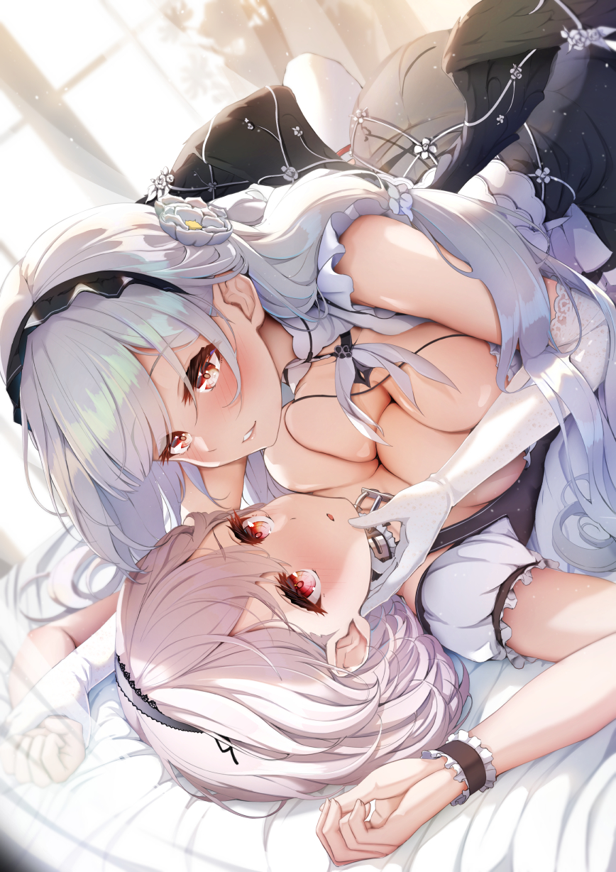 azur_lane black_dress breast_press breasts cleavage collar dress elbow_gloves gloves grey_hair highres imo_bouya incest lace-trimmed_gloves lace_trim large_breasts long_hair looking_at_viewer lying lying_on_person metal_collar on_back red_eyes scylla_(azur_lane) short_hair siblings sirius_(azur_lane) sisters symmetrical_docking white_gloves white_hair yuri