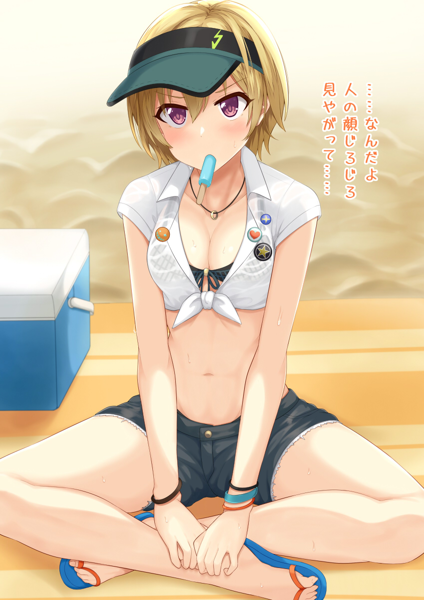 1girl badge beach_towel bikini bikini_top_only blonde_hair breasts button_badge cleavage collared_shirt cooler denim denim_shorts flip-flops food food_in_mouth full_body hair_between_eyes highres idolmaster idolmaster_shiny_colors indian_style jewelry light_blush looking_at_viewer midriff navel necklace oga_raito popsicle popsicle_in_mouth purple_eyes ring ring_necklace saijo_juri sand sandals see-through see-through_shirt shirt short_hair short_shorts short_sleeves shorts sitting small_breasts solo sweat swimsuit tied_shirt towel visor_cap white_shirt