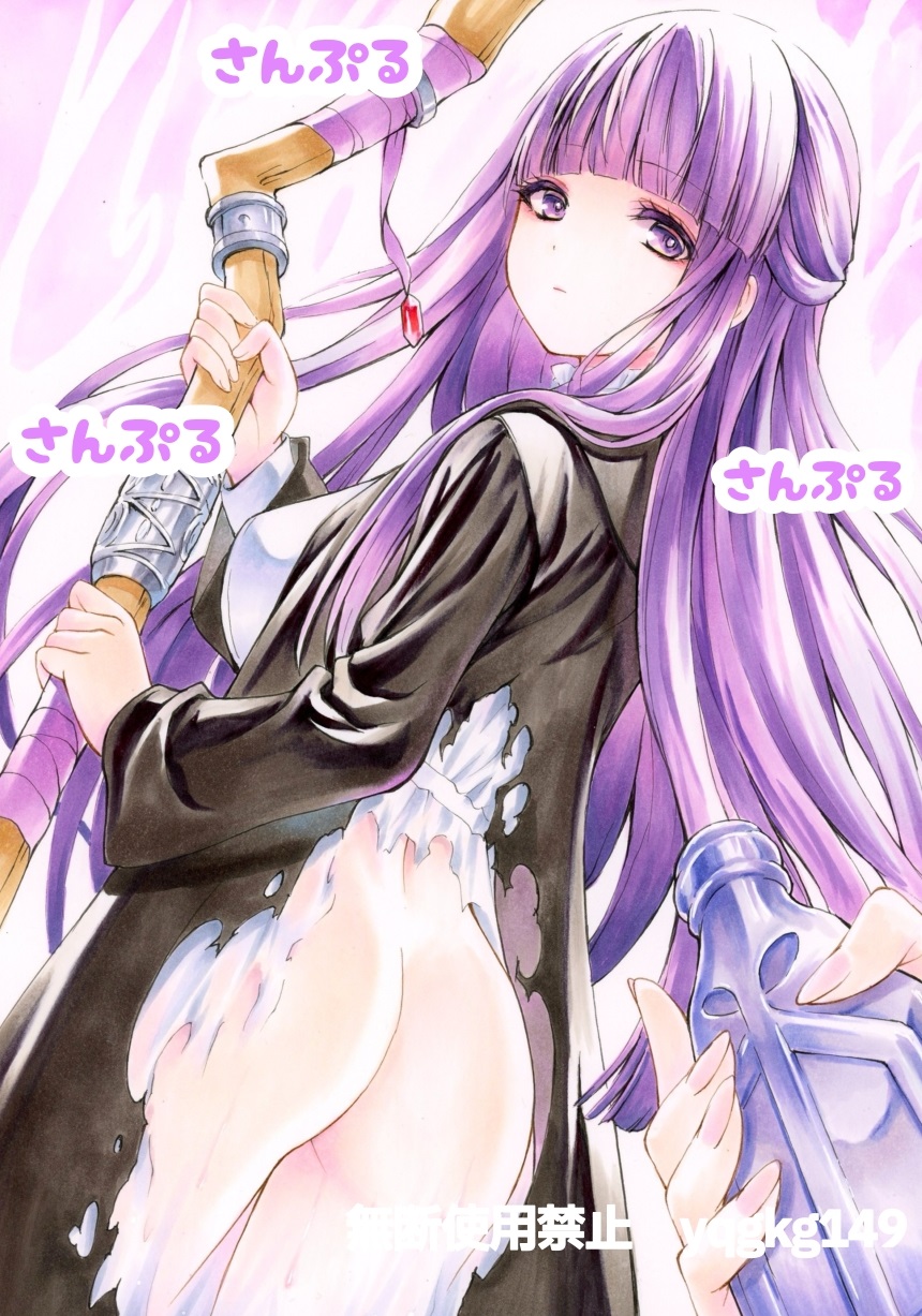 1girl ass black_robe dress fern_(sousou_no_frieren) highres holding holding_staff long_hair looking_back mage_staff purple_eyes purple_hair robe solo sousou_no_frieren staff torn_clothes traditional_media white_dress yqgkg