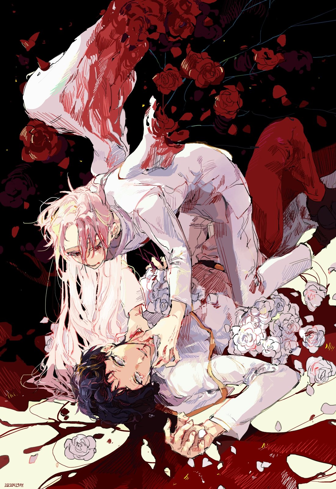 2boys angel_wings black_background black_hair blood blood_on_clothes bloody_wings flower grey_eyes hatsutori_hajime highres long_hair long_sleeves lying male_focus multicolored_background multiple_boys on_back pants petals pink_hair red_background red_eyes red_flower red_rose rose saibou_shinkyoku shirt short_hair strangling utsugi_noriyuki white_flower white_pants white_rose white_shirt white_wings wings zinc_30_2