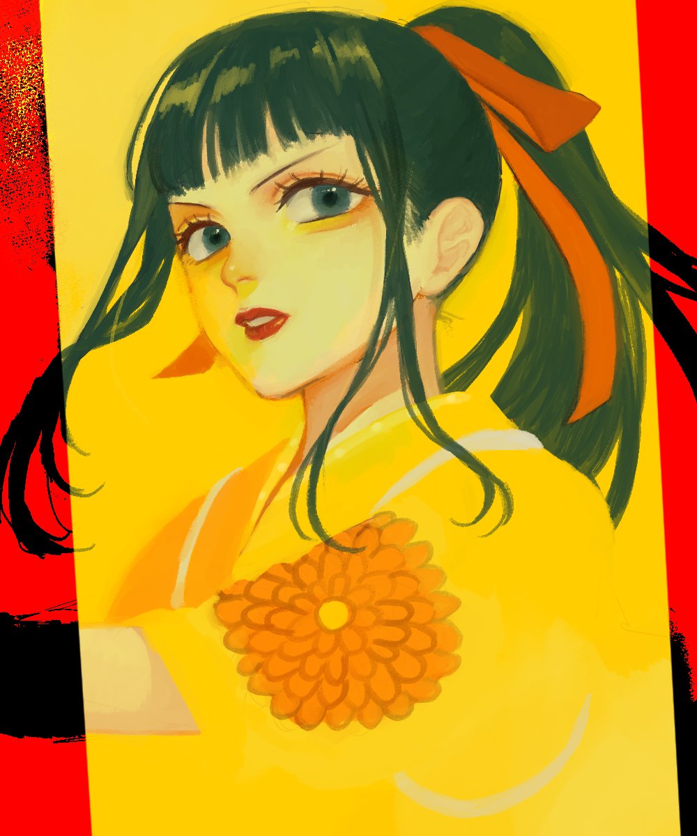 1boy black_hair blunt_bangs close-up commentary_request floral_print high_ponytail highres japanese_clothes kikunojo_(one_piece) kimono looking_to_the_side love1loooomy male_focus one_piece red_lips sidelocks solo yellow_background yellow_kimono yellow_theme